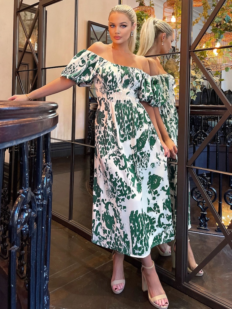AX Paris Green Printed Elasticated Waist Bardot Midi Dress - Image 1 of 4 AX Paris Green Printed Elasticated Waist Bardot Midi Dress - Image 1 of 4
