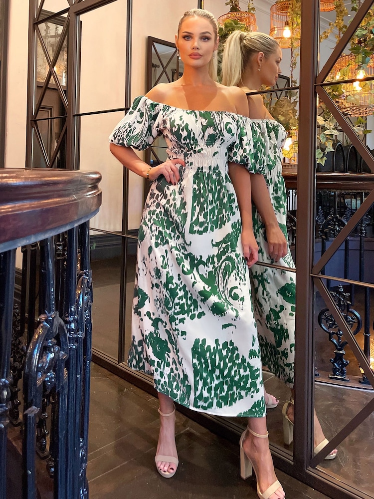 AX Paris Green Printed Elasticated Waist Bardot Midi Dress - Image 4 of 4 AX Paris Green Printed Elasticated Waist Bardot Midi Dress - Image 4 of 4