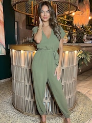 AX Paris Khaki Green V-Neck Short Sleeve Belted Elasticated Cuff Jumpsuit - Image 3 of 4