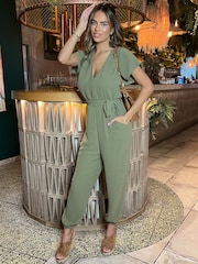 AX Paris Khaki Green V-Neck Short Sleeve Belted Elasticated Cuff Jumpsuit - Image 4 of 4