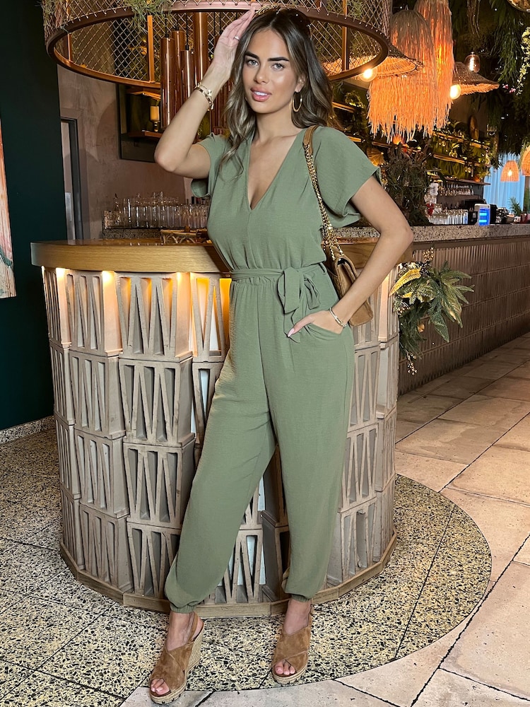 AX Paris Khaki Green V-Neck Short Sleeve Belted Elasticated Cuff Jumpsuit - Image 4 of 4