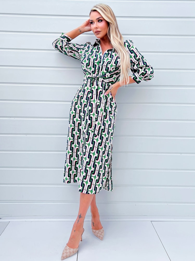 AX Paris Green Geometric Multi Printed 3/4 Cuffed Sleeve Wrap Tie Midi Dress - Image 1 of 4