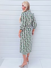 AX Paris Green Geometric Multi Printed 3/4 Cuffed Sleeve Wrap Tie Midi Dress - Image 2 of 4