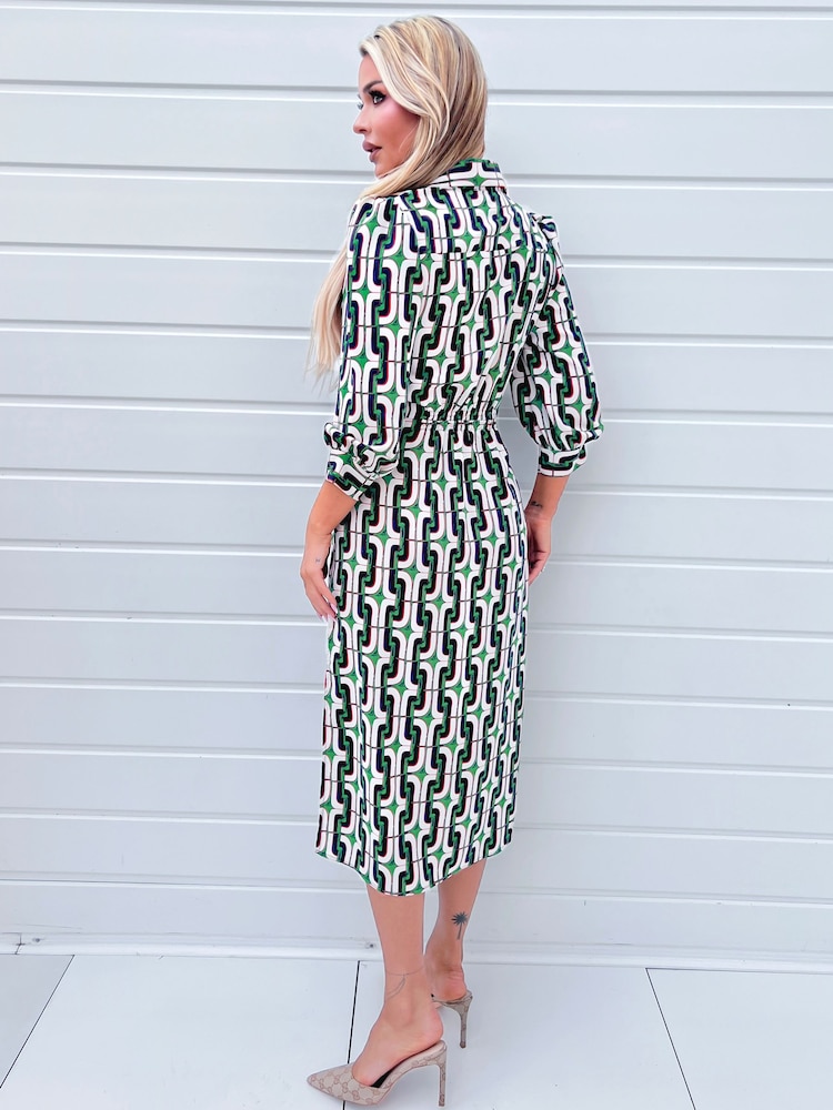 AX Paris Green Geometric Multi Printed 3/4 Cuffed Sleeve Wrap Tie Midi Dress - Image 2 of 4