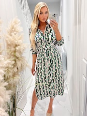 AX Paris Green Geometric Multi Printed 3/4 Cuffed Sleeve Wrap Tie Midi Dress - Image 4 of 4