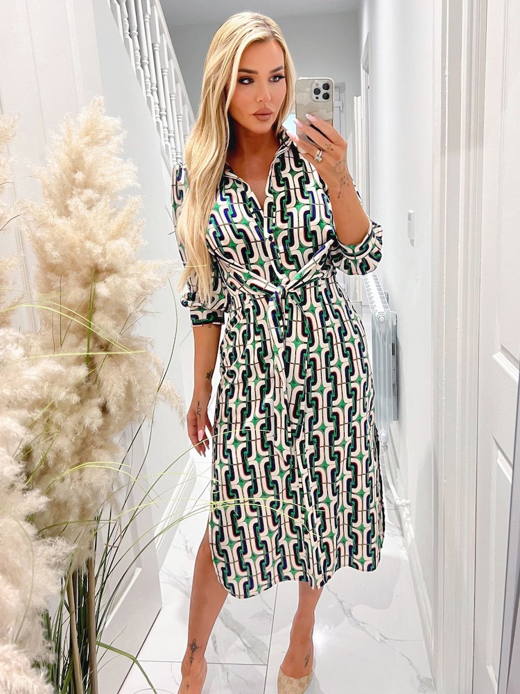 AX Paris Green Geometric Multi Printed 3/4 Cuffed Sleeve Wrap Tie Midi Dress - Image 4 of 4