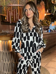 AX Paris Geometric Print Button Up 3/4 Sleeve Black Shirt - Image 1 of 1