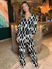 AX Paris Geometric Print Button Up 3/4 Sleeve Black Shirt - Image 2 of 4