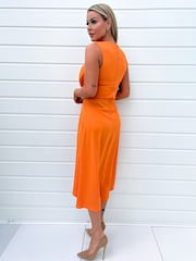 AX Paris Orange Gathered Midi Dress With Shoulder Pads - Image 2 of 4