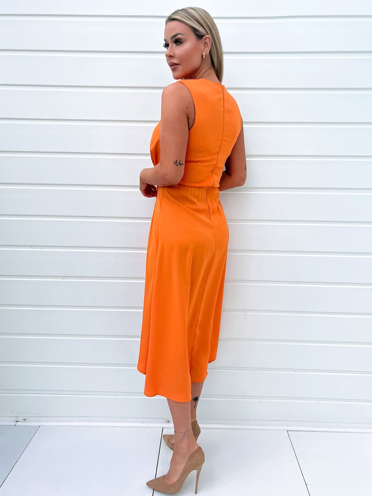 AX Paris Orange Gathered Midi Dress With Shoulder Pads - Image 2 of 4