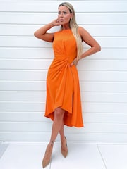 AX Paris Orange Gathered Midi Dress With Shoulder Pads - Image 3 of 4
