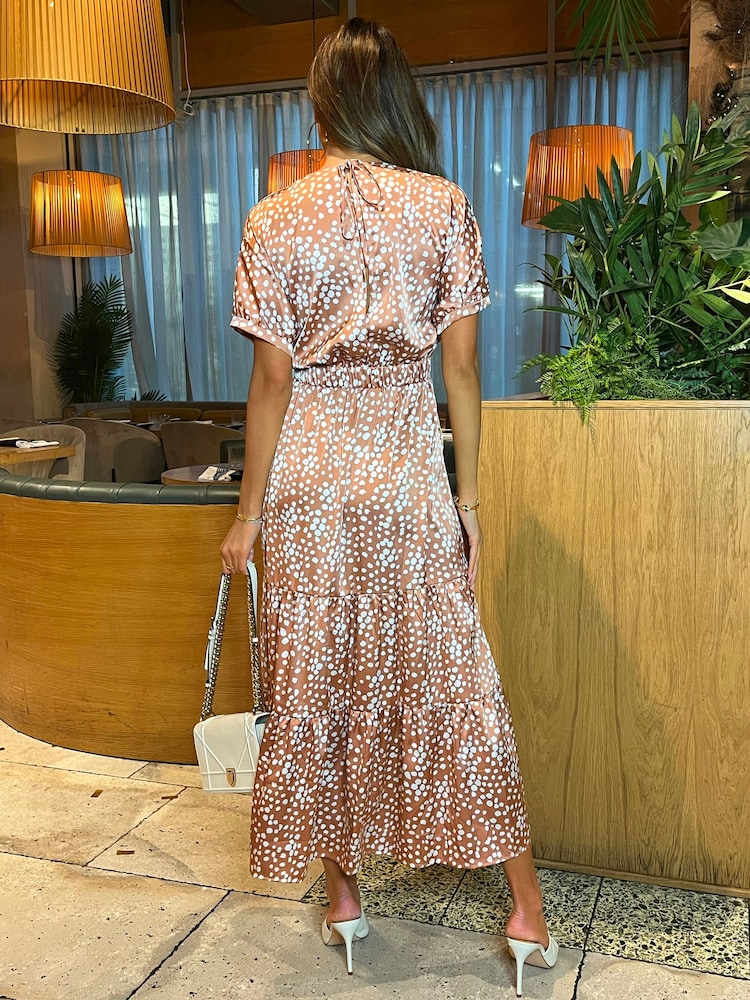 AX Paris Mocha Brown Print Twist Front Midi Dress - Image 2 of 3