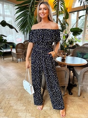 AX Paris Navy Blue Polka Dot Bardot Jumpsuit - Image 1 of 2