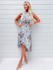AX Paris Blue Duck Egg Print Gathered Midi Dress With Shoulder Pads - Image 1 of 4
