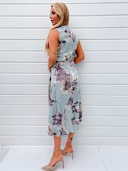 AX Paris Blue Duck Egg Print Gathered Midi Dress With Shoulder Pads - Image 2 of 4