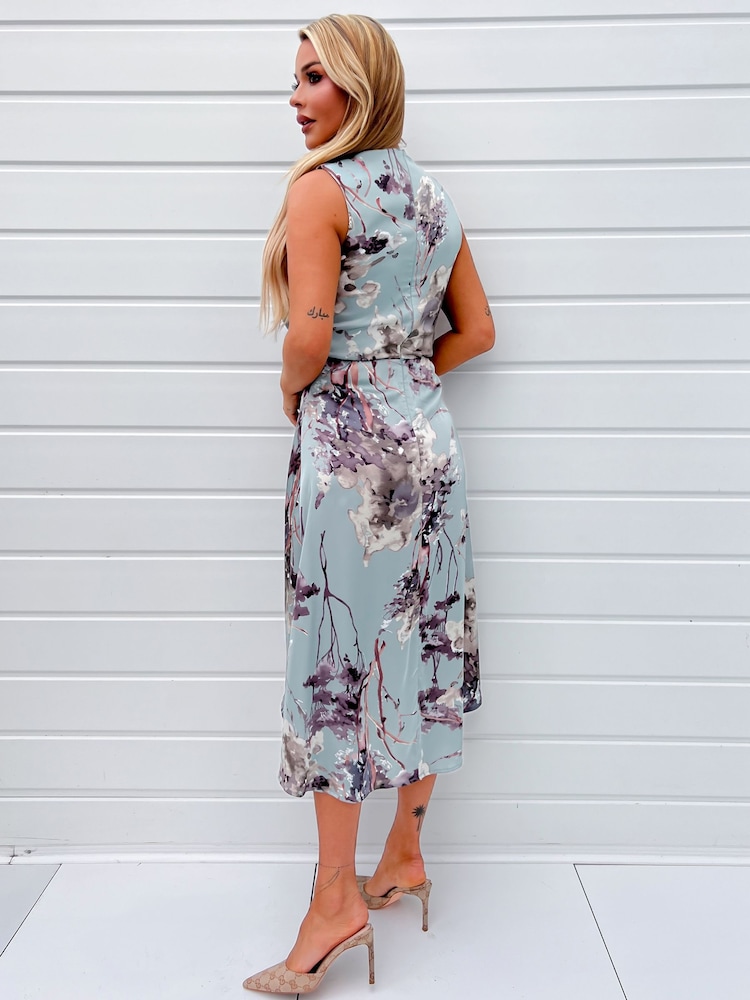 AX Paris Blue Duck Egg Print Gathered Midi Dress With Shoulder Pads - Image 2 of 4