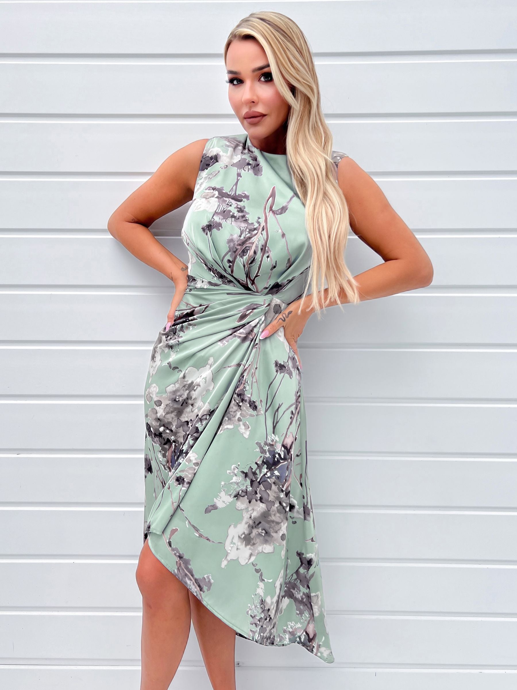 Buy AX Paris Blue Duck Egg Print Gathered Midi Dress With Shoulder Pads from Next Luxembourg