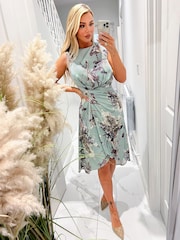 AX Paris Blue Duck Egg Print Gathered Midi Dress With Shoulder Pads - Image 4 of 4