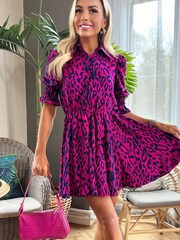 AX Paris Purple Cerise Animal Print Puff Sleeve Shirt Skater Dress - Image 1 of 4