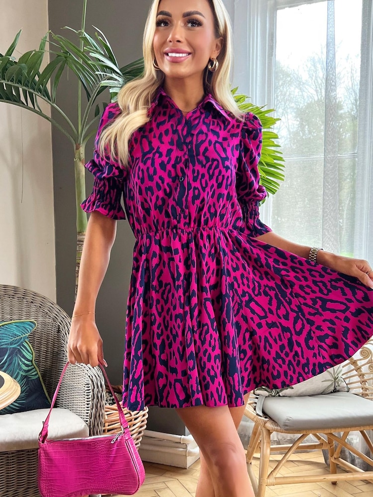 AX Paris Purple Cerise Animal Print Puff Sleeve Shirt Skater Dress - Image 1 of 4