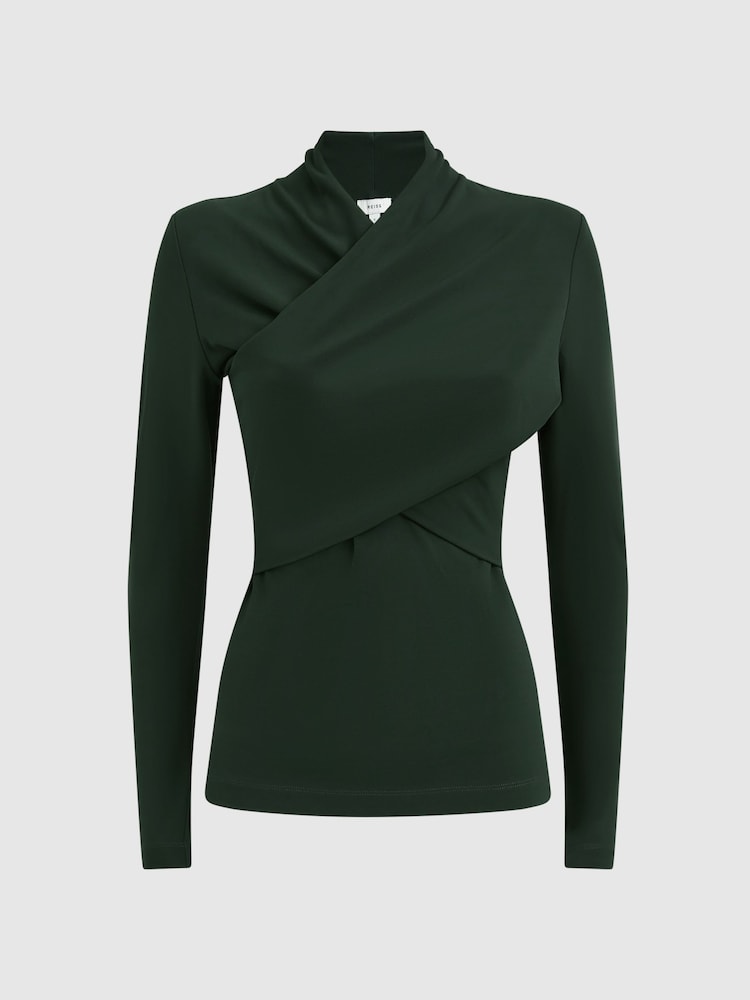 Reiss Green Ellie Fitted Long Sleeve Wrap Top - Image 2 of 6 Reiss Green Ellie Fitted Long Sleeve Wrap Top - Image 2 of 6