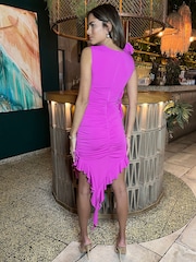AX Paris Ruched Asymmetrical Frill Midi Dress With Flower Detail - Image 2 of 4