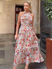 AX Paris Multi Print High Neck Tie Belt Midi Dress - Image 1 of 4