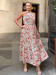 AX Paris Multi Print High Neck Tie Belt Midi Dress - Image 3 of 4
