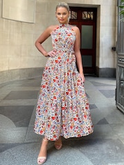 AX Paris Multi Print High Neck Tie Belt Midi Dress - Image 4 of 4