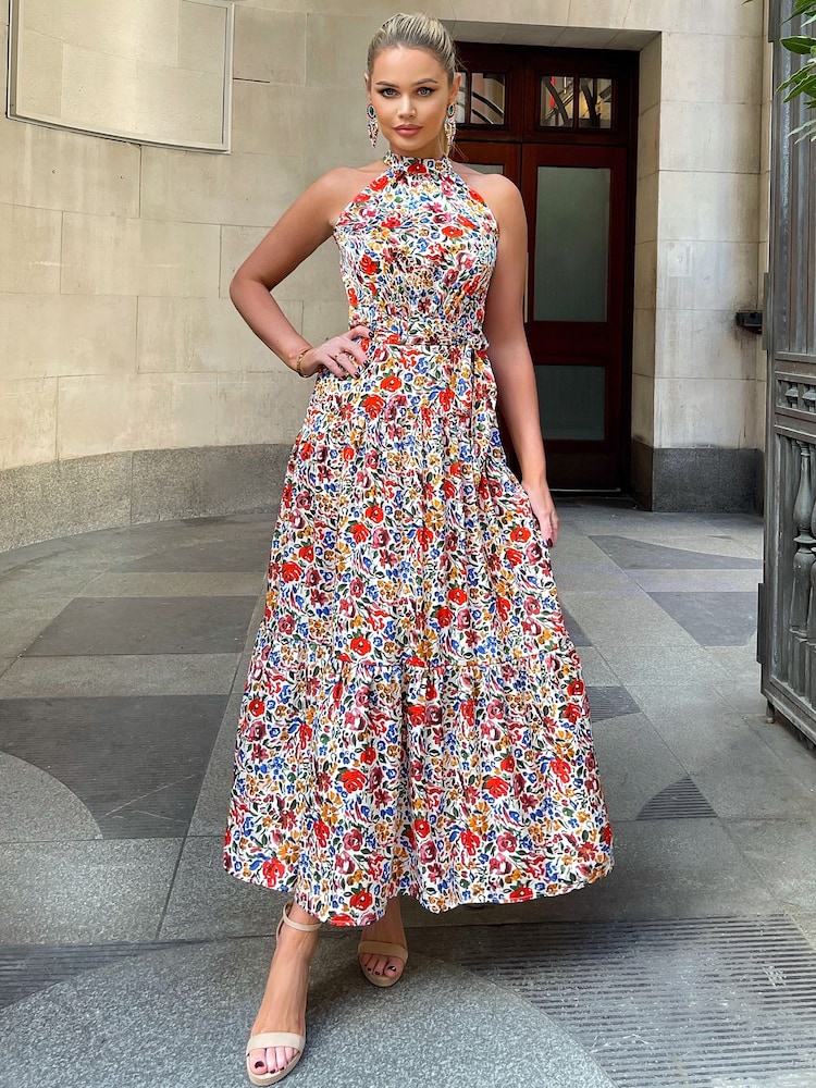 AX Paris Multi Print High Neck Tie Belt Midi Dress - Image 4 of 4 AX Paris Multi Print High Neck Tie Belt Midi Dress - Image 4 of 4