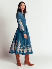 Boden Blue Smocked Cord Midi Dress - Image 1 of 5