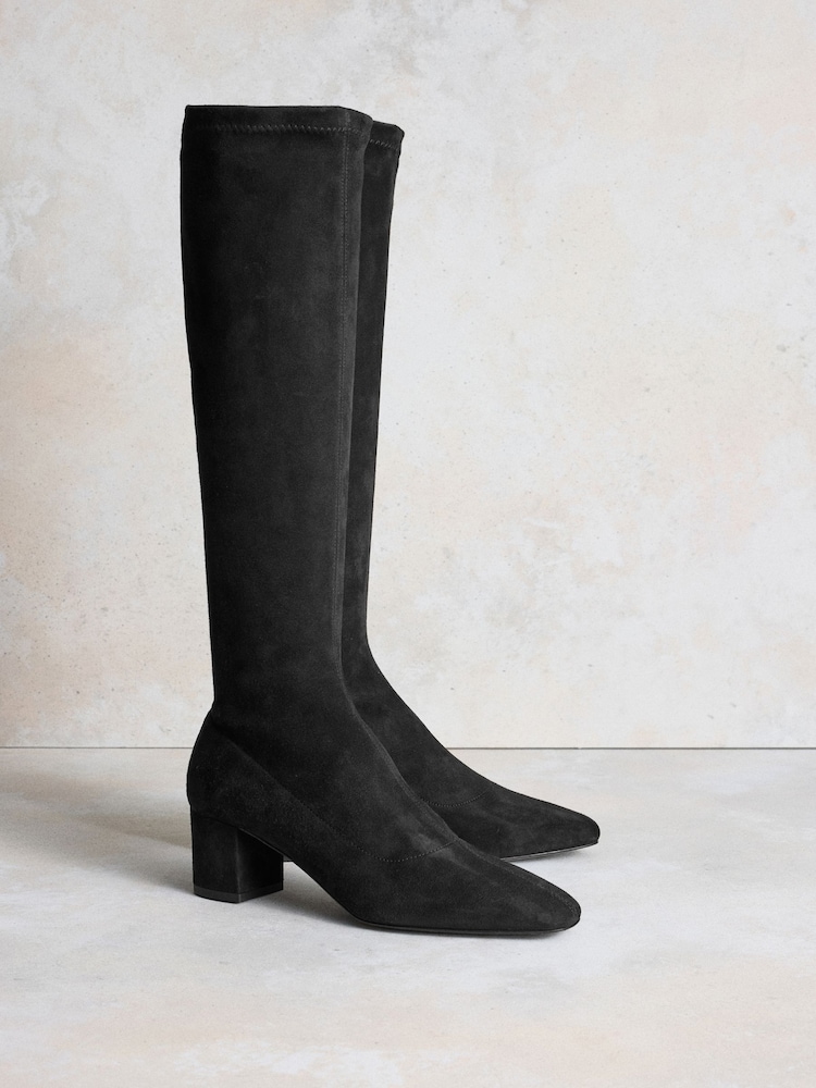 Russell & Bromley Black Suede Carrie Knee High Block Heel Sock Boots - Image 2 of 6 Russell & Bromley Black Suede Carrie Knee High Block Heel Sock Boots - Image 2 of 6