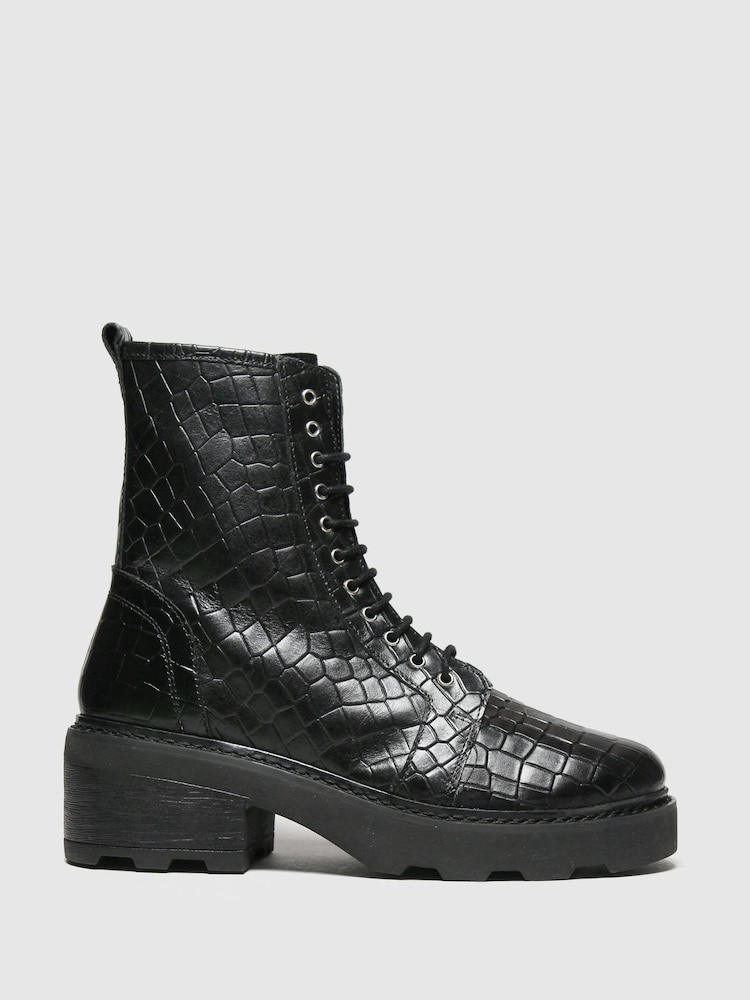 Schuh Black Arvid Croc Leather Lace-Up Boots - Image 1 of 4