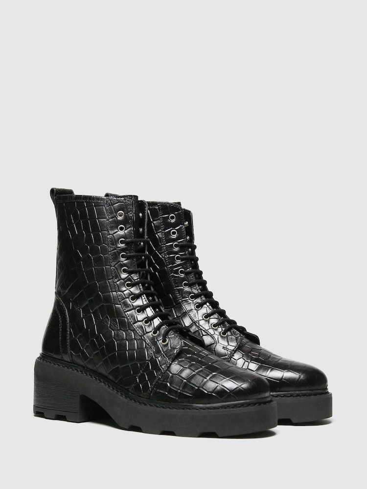 Schuh Black Arvid Croc Leather Lace-Up Boots - Image 2 of 4