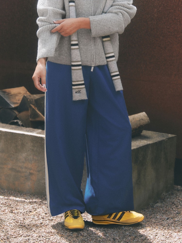 self. Cobalt Blue Wide Leg Viscose Blend Track Trousers With Side Stripe - Image 1 of 6