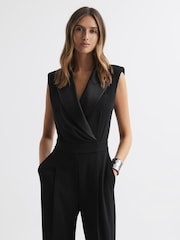 Reiss Black Saskia Petite Satin Lapel Jumpsuit - Image 1 of 6