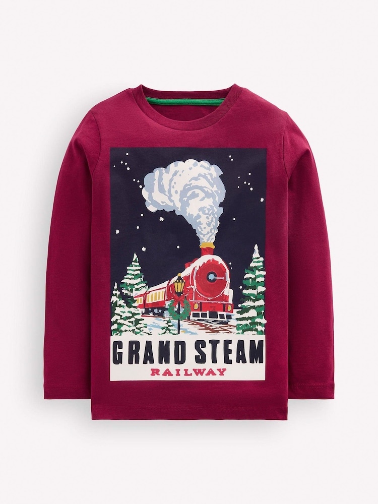 Boden Red Train Long Sleeve Printed T-Shirt - Image 1 of 3