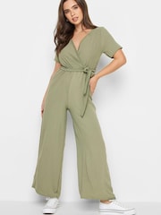 PixieGirl Petite Green Crepe Belted Wrap Jumpsuit - Image 1 of 2