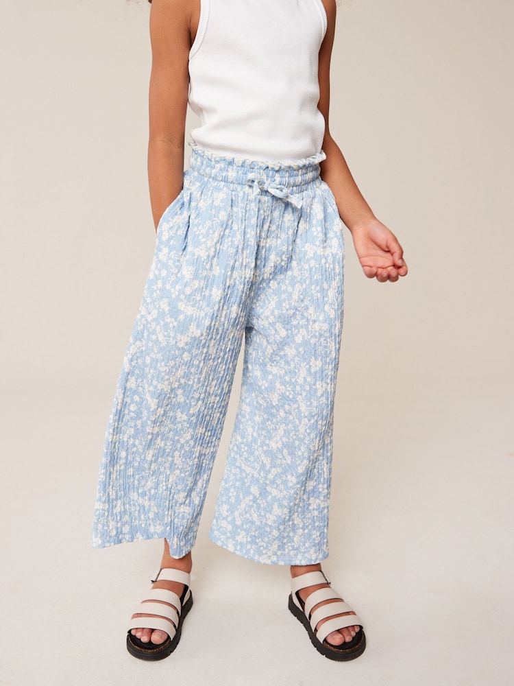 Blue/ White Floral Print Crinkle Texture Jersey Wide Leg Trousers (3-16yrs) - Image 1 of 6