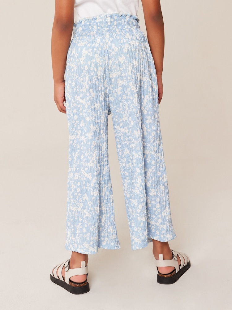 Blue/ White Floral Print Crinkle Texture Jersey Wide Leg Trousers (3-16yrs) - Image 2 of 6 Blue/ White Floral Print Crinkle Texture Jersey Wide Leg Trousers (3-16yrs) - Image 2 of 6