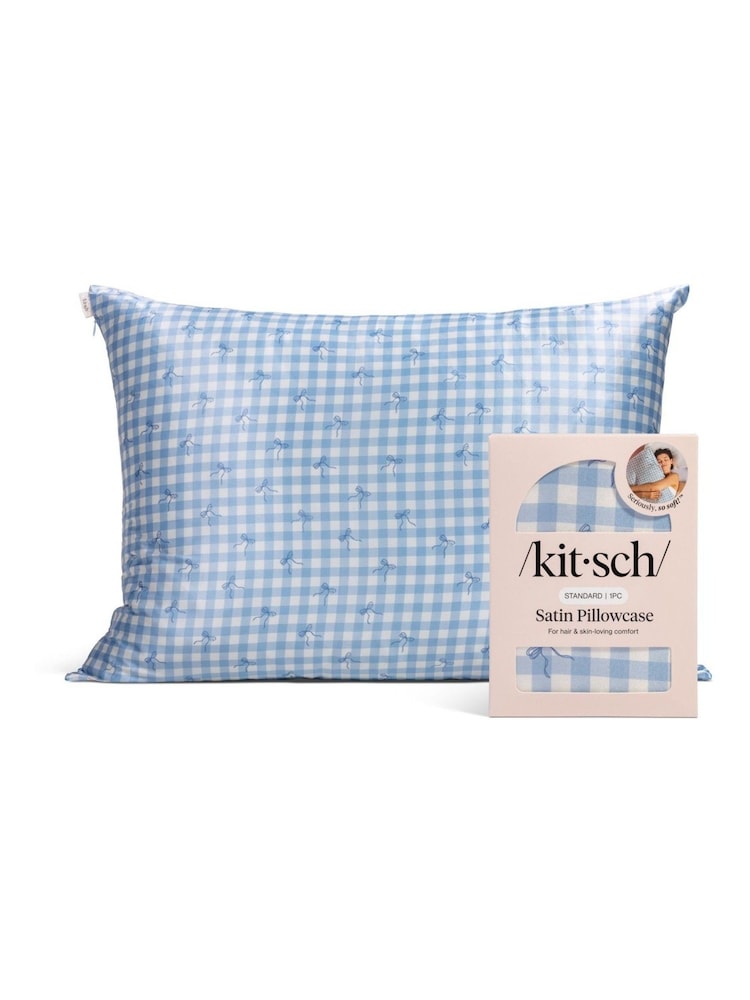 Kitsch Gingham Blue Satin Pillowcase - Image 1 of 4 Kitsch Gingham Blue Satin Pillowcase - Image 1 of 4
