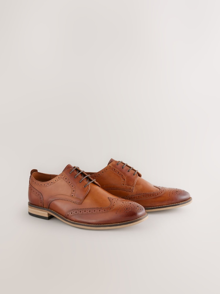 Tan Brown Wide Fit Leather Contrast Sole Brogue Shoes - Image 1 of 7