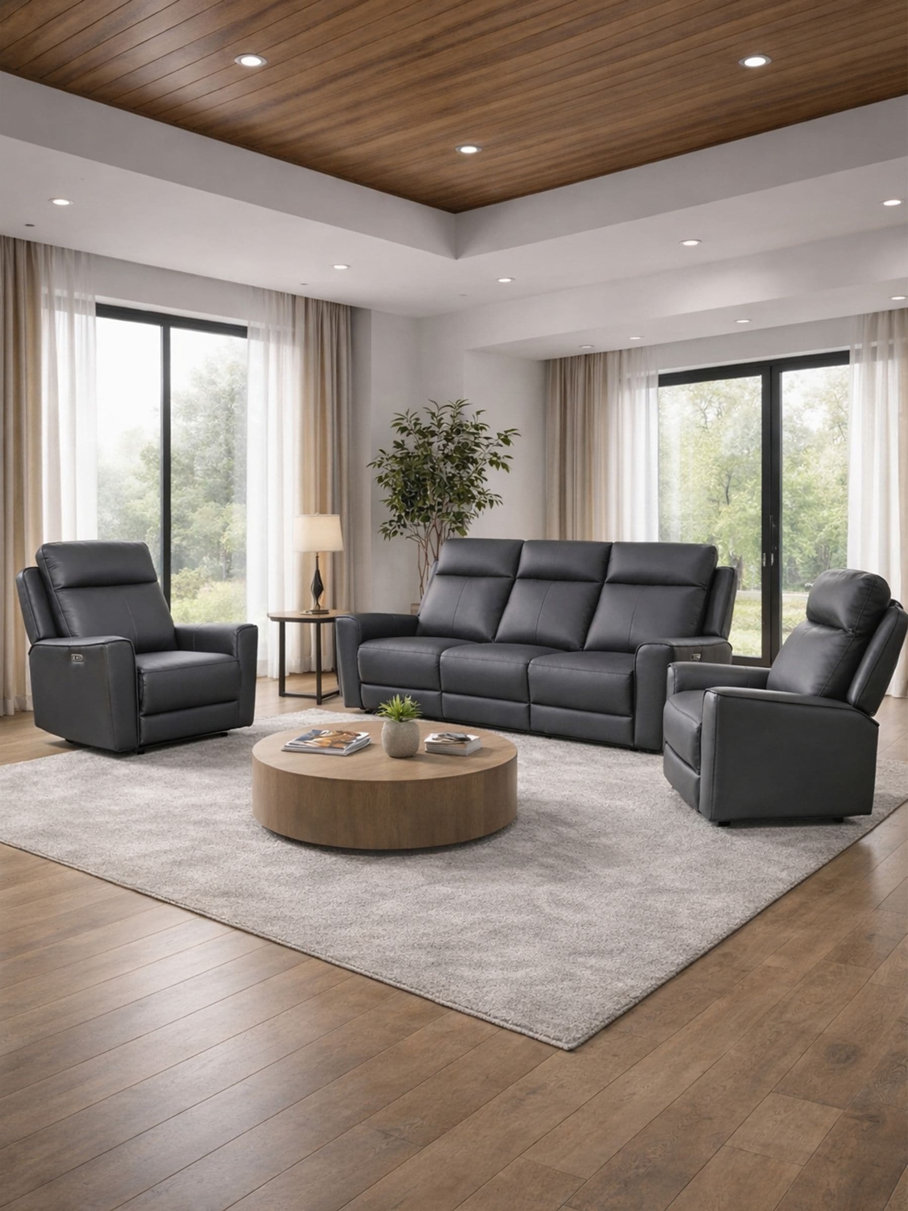 Aspire Unisex Charcoal Rivington Real Leather Power Recliner 3+1+1 Sofa Set With Usb Charging In Size 3 - Image 3