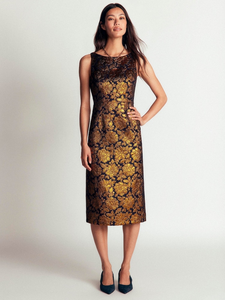 Boden Gold Jacquard Boat Neck Dress - Image 1 of 5 Boden Gold Jacquard Boat Neck Dress - Image 1 of 5