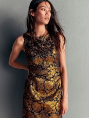 Boden Gold Jacquard Boat Neck Dress - Image 4 of 5