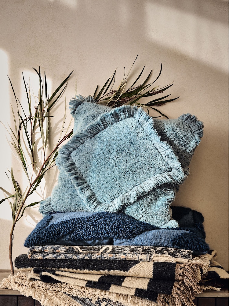French Connection Slate Blue 100% Cotton Diamond Tufted Cushion - Image 1 of 4
