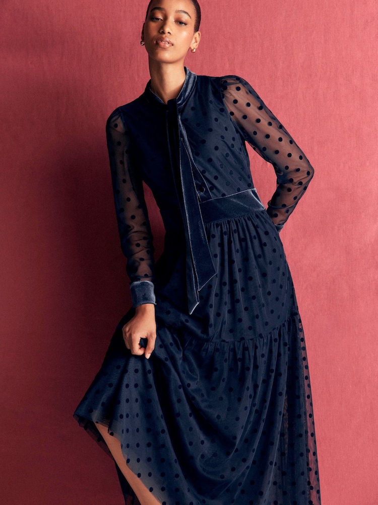 Boden Blue Tie Neck Tiered Tulle Dress - Image 1 of 6