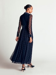 Boden Blue Tie Neck Tiered Tulle Dress - Image 3 of 6