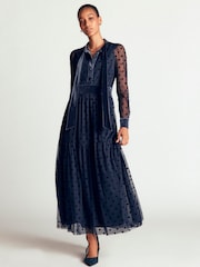 Boden Blue Tie Neck Tiered Tulle Dress - Image 4 of 6