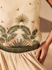 Beige Satin Bandeau Muted Tropical Print Top - Image 3 of 5